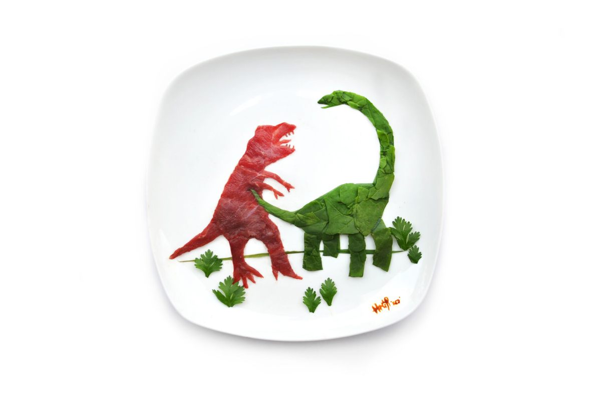 A battle between carnivore and herbivore, made from beef, spinach, and parsley.