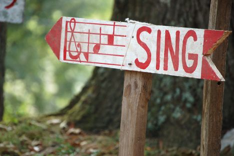 Sacred Harp Singing directional sign for the Lookout Mountain Sacred Harp Convention at Pine Grove Church, Collinsville, Alabama.