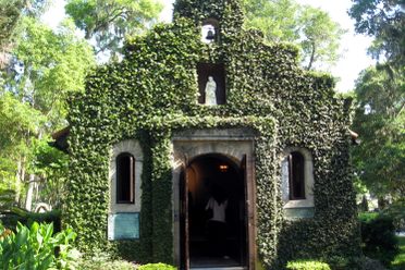 An ivy covered shrine in the woods