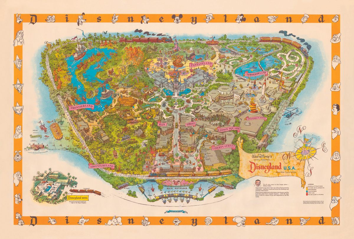 This 1958 map, illustrated by Sam McKim, includes rides that hadn't yet been finished.