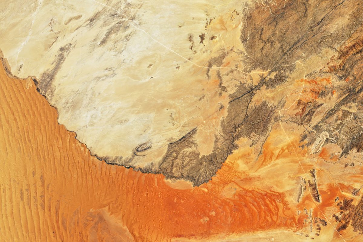 The dunes in the Namib can reach 1,000 feet tall, and their red hue comes from iron oxide. This image was captured on November 13, 2019, by the Operational Land Imager (OLI) on Landsat 8.