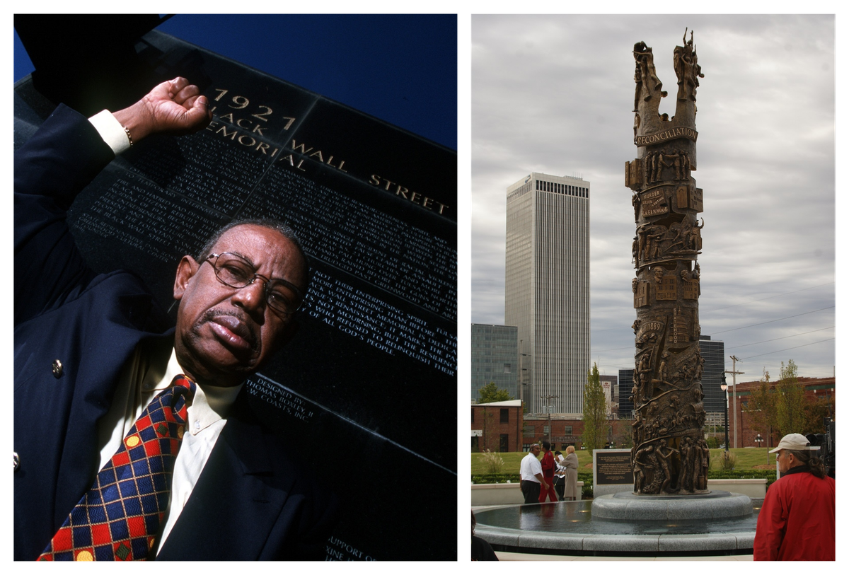 Don Ross, then an Oklahoma State Representative, poses in front of a Black Wall Street memorial in 2001 (left); a memorial to victims of the massacre at John Hope Franklin Reconciliation Park (right).
