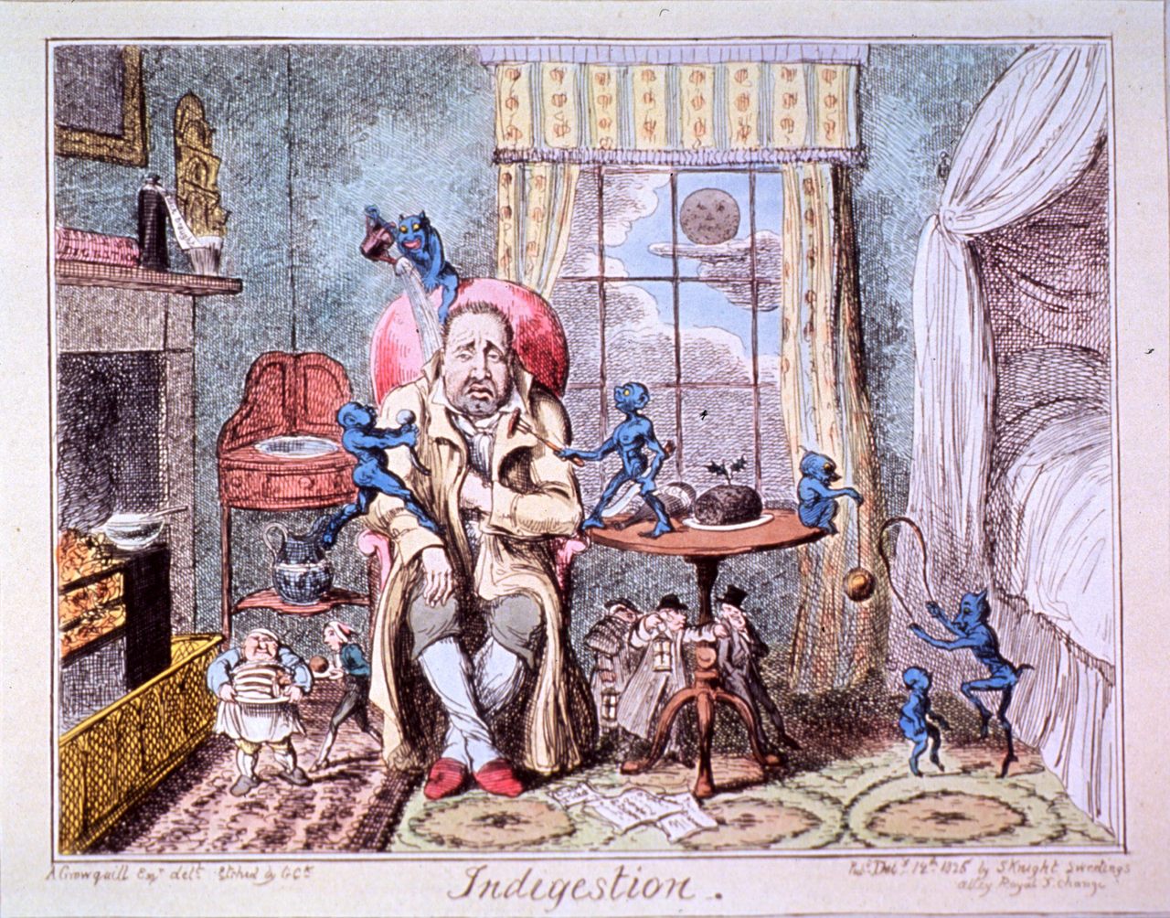 Nineteenth-century illustrator George Cruikshank depicted indigestion as torment by imps.