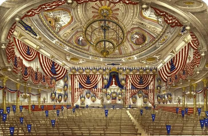 Interior view of Tammany Hall decorated for the National Convention July 4th, 1868.