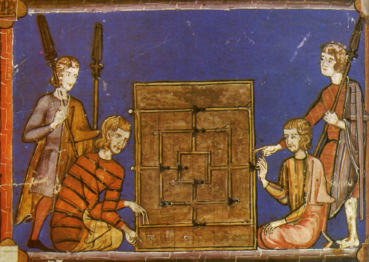 Men playing Nine Men's Morris in Alfonso X's <em>Libro de los Juegos</em>.