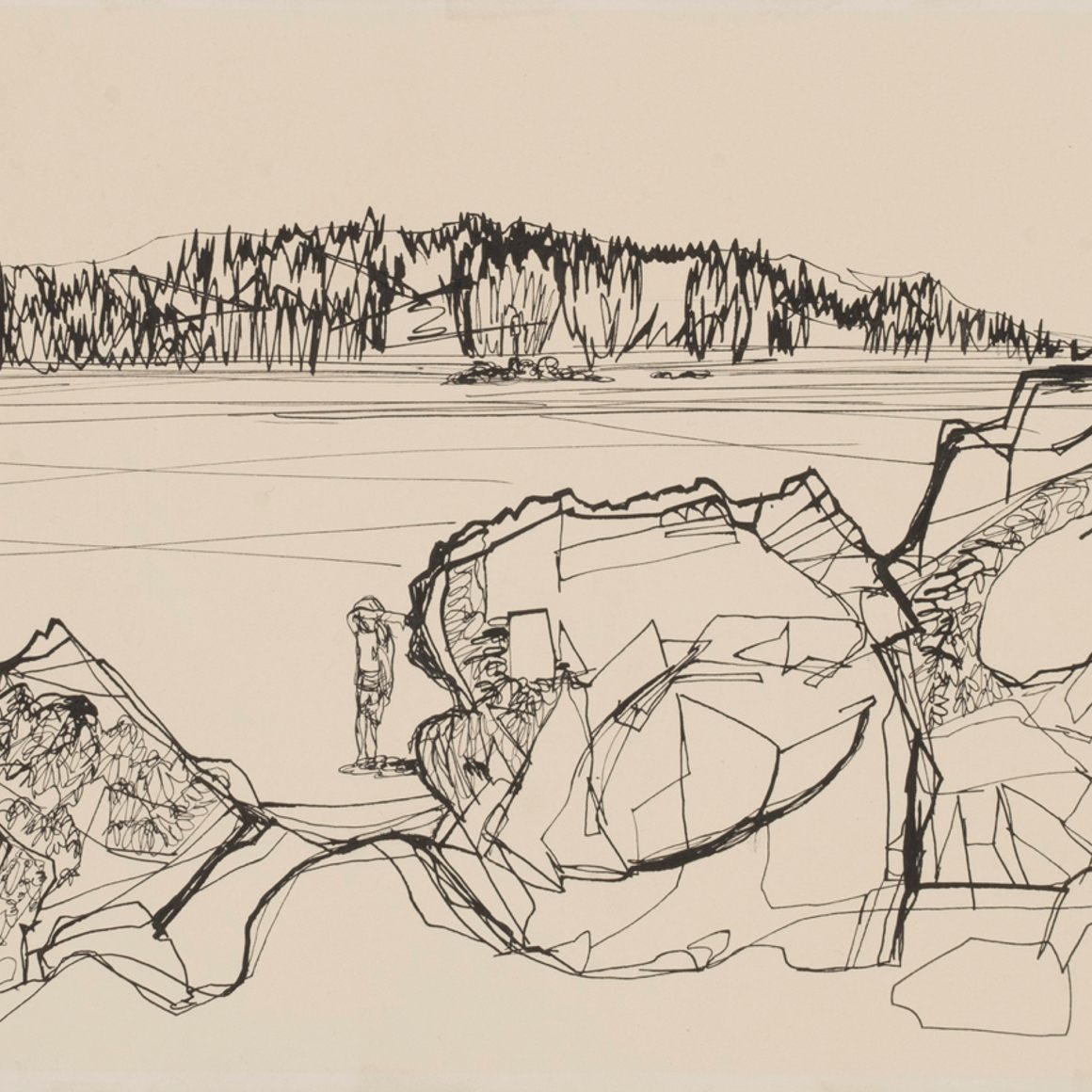 Jane Hamilton Hovde, Figure in Landscape, 1968. Ink on paper. Henry Art Gallery, University of Washington, Seattle, gift of Katherine and Karin Hovde, daughters of the artist, 2018.330. © The Estate of Jane Hamilton Hovde.