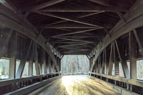 Inside the bridge with Burr trusses visible.