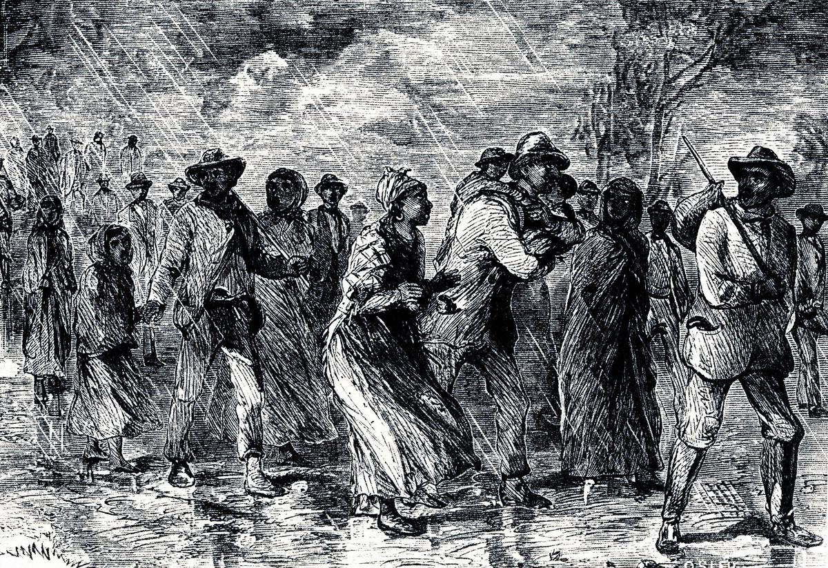 This historical engraving shows enslaved people fleeing from Maryland to Delaware by way of the Underground Railroad.