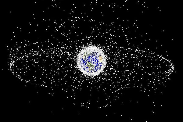 Space debris seen from outside geosynchronous orbit (GEO). The two main debris fields are the ring of objects in GEO and the cloud of objects in low Earth orbit (LEO).