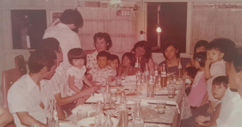 Linda Nishikido's family, sharing a meal in the 1970s.