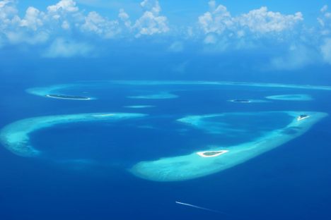 An aerial image of Baa Atoll in the Maldives, a coral island group not far from Kaashidhoo.