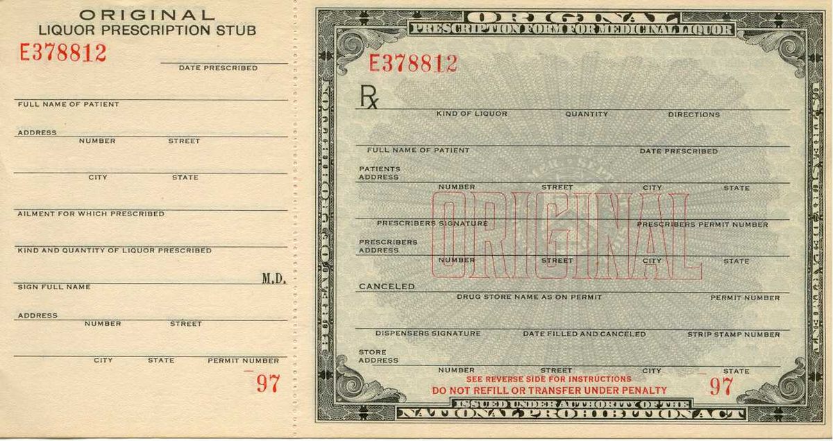 A blank prescription pad that doctors would have used to write medicinal alcohol scripts.