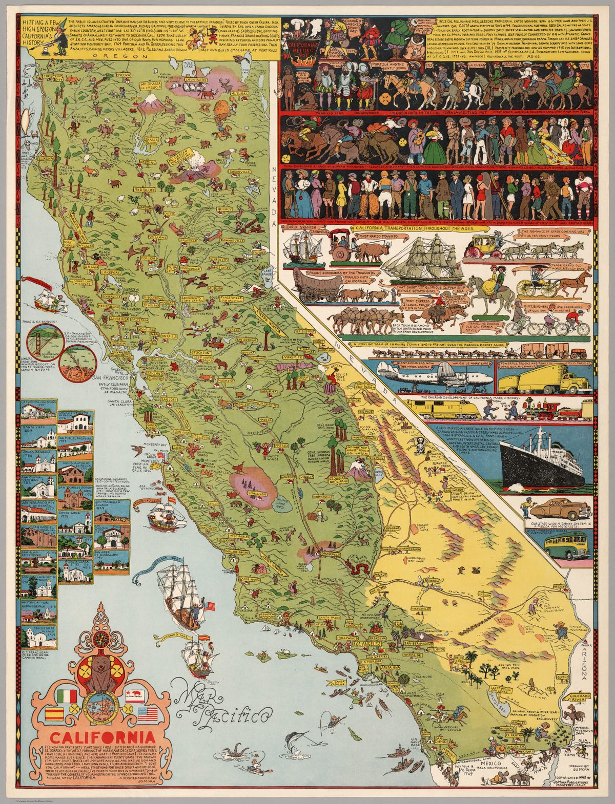 Jo Mora invites you to "keep the corners of your mouth on the up and up" while perusing his state map.