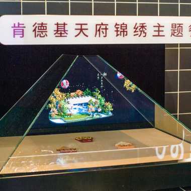 A holographic pyramid displays images of Du Fu’s hut.