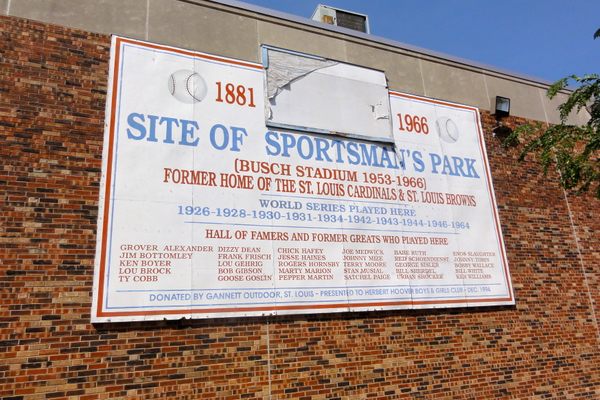 A sign at Grand and Dodier St marks the stadium’s site.