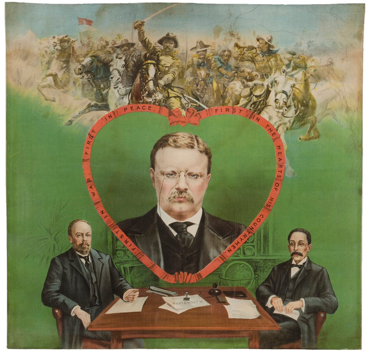 Theodore Roosevelt pillow cover, 1906, designed for women to display at home "to influence male voters. President Roosevelt is seen as a Rough Rider at top, and as the winner of the Nobel Peace Prize for brokering the end of the Russo-Japanese War in 1905". 