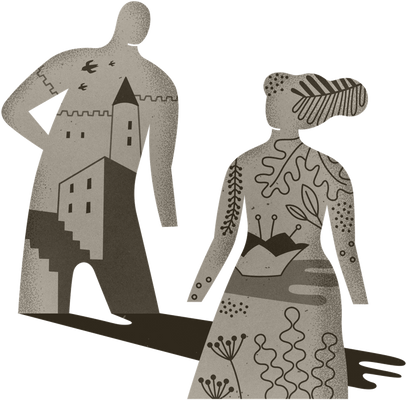 Illustration of two people with designs of plants and buildings within their outlines.