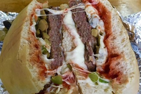 A cudighi sandwich from Lawry's Pasty Shop.