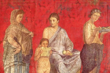 A fresco from the Villa of Mysteries, a suburban villa from Pompeii that was preserved by the eruption of Vesuvius.