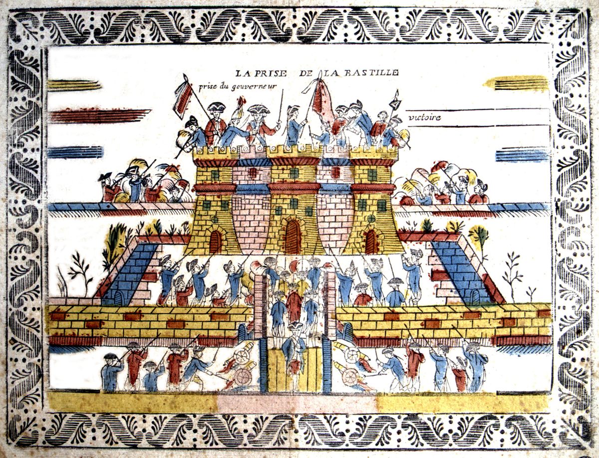 An illustration of the Storming of the Bastille during the French Revolution in 1789.