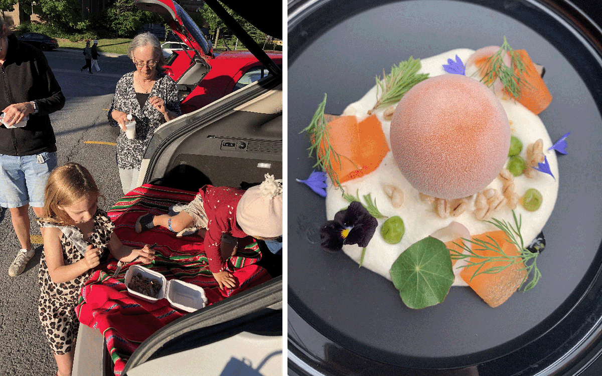 A family tailgates after picking up a course from Atelier's drive-through (left), and a frozen orb of carrot soup (right).