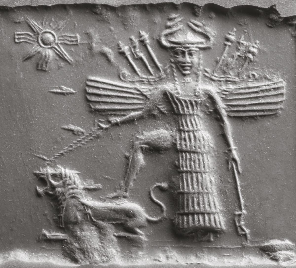 This seal depicts Ishtar, the powerful Akkadian war goddess who Enheduanna merged with the Sumerian fertility goddess Inanna.