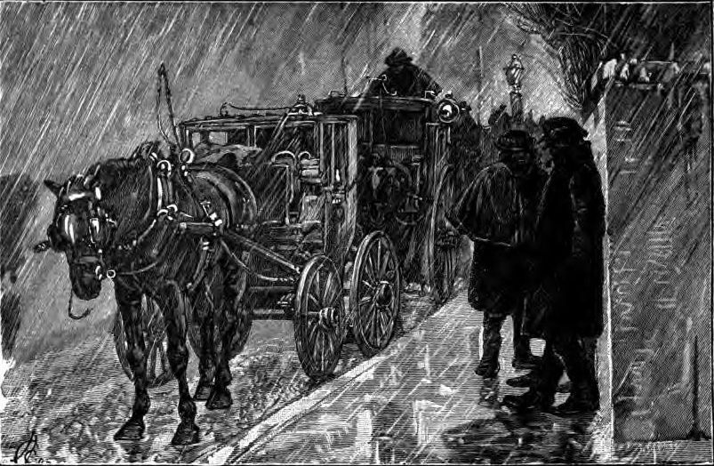 A cab rank on a rainy night in London, 1890s, from <em>The Horse-World of London</em>. The book notes "at one shelter lately the great feature was boiled rabbit and picked pork at two o'clock in the morning".