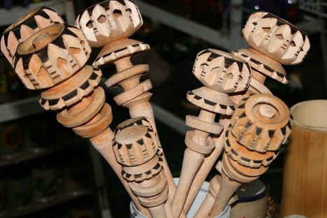An ornate set of molinillos for sale.