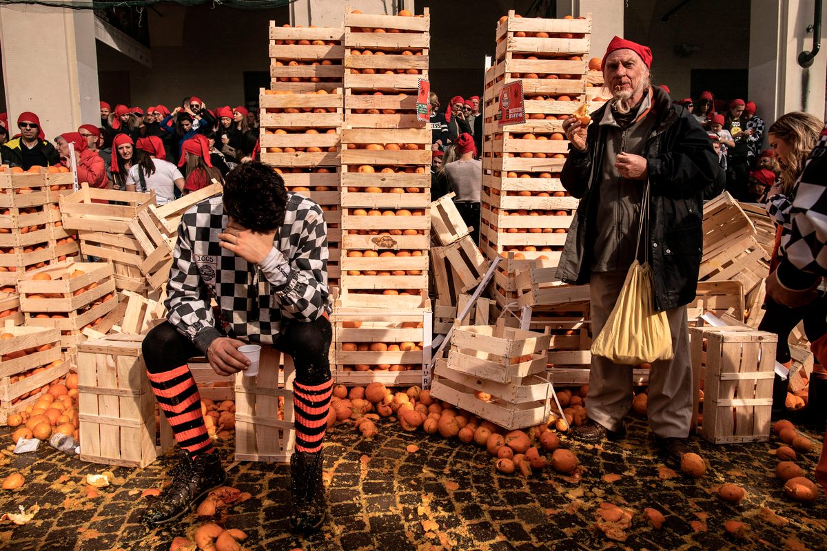 Oranges for the battle are imported from southern Italy, as they don't grow locally.