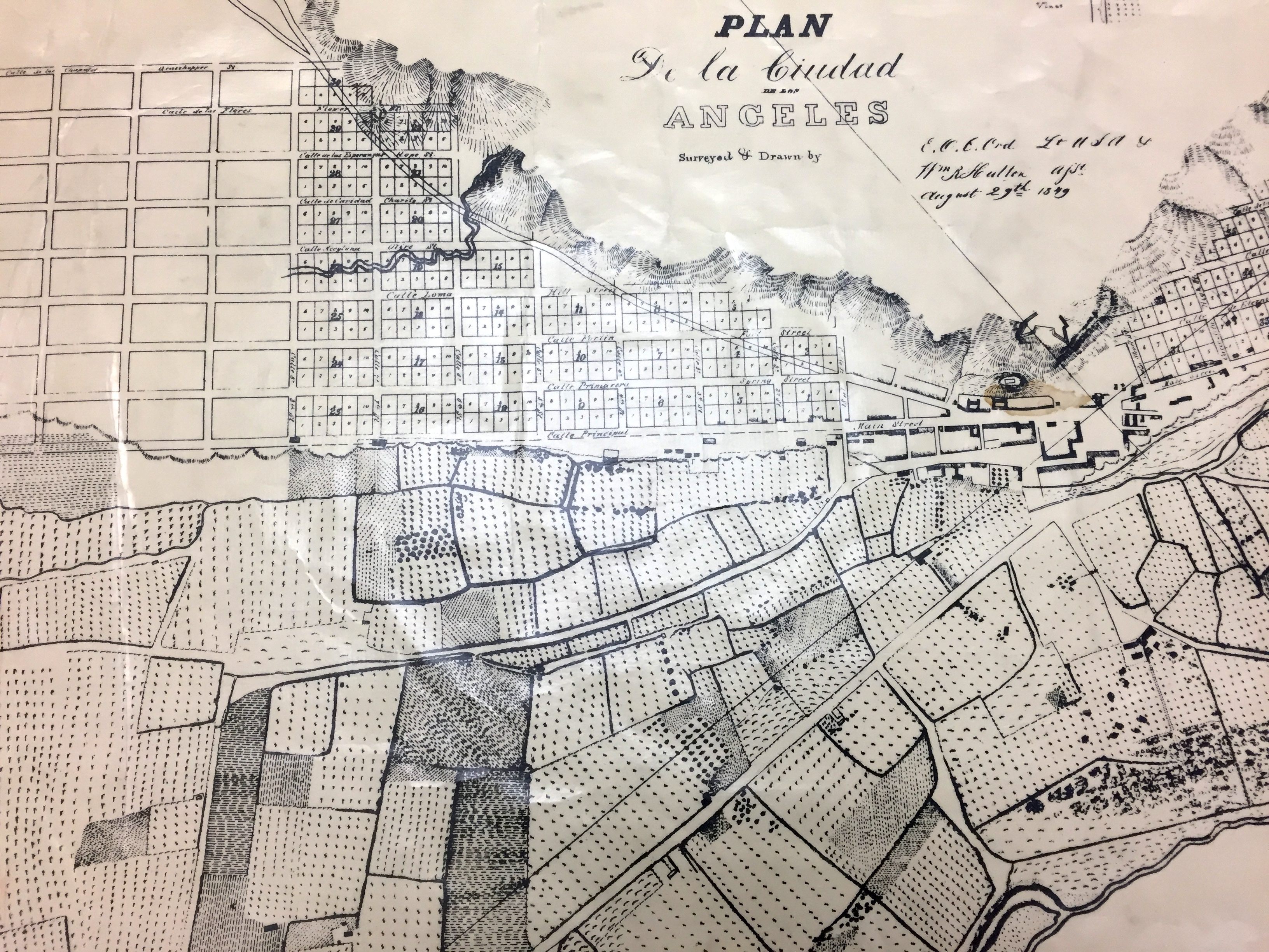 An early city plan for Los Angeles. The dotted regions denote where agriculture flourished back then, including vineyards.