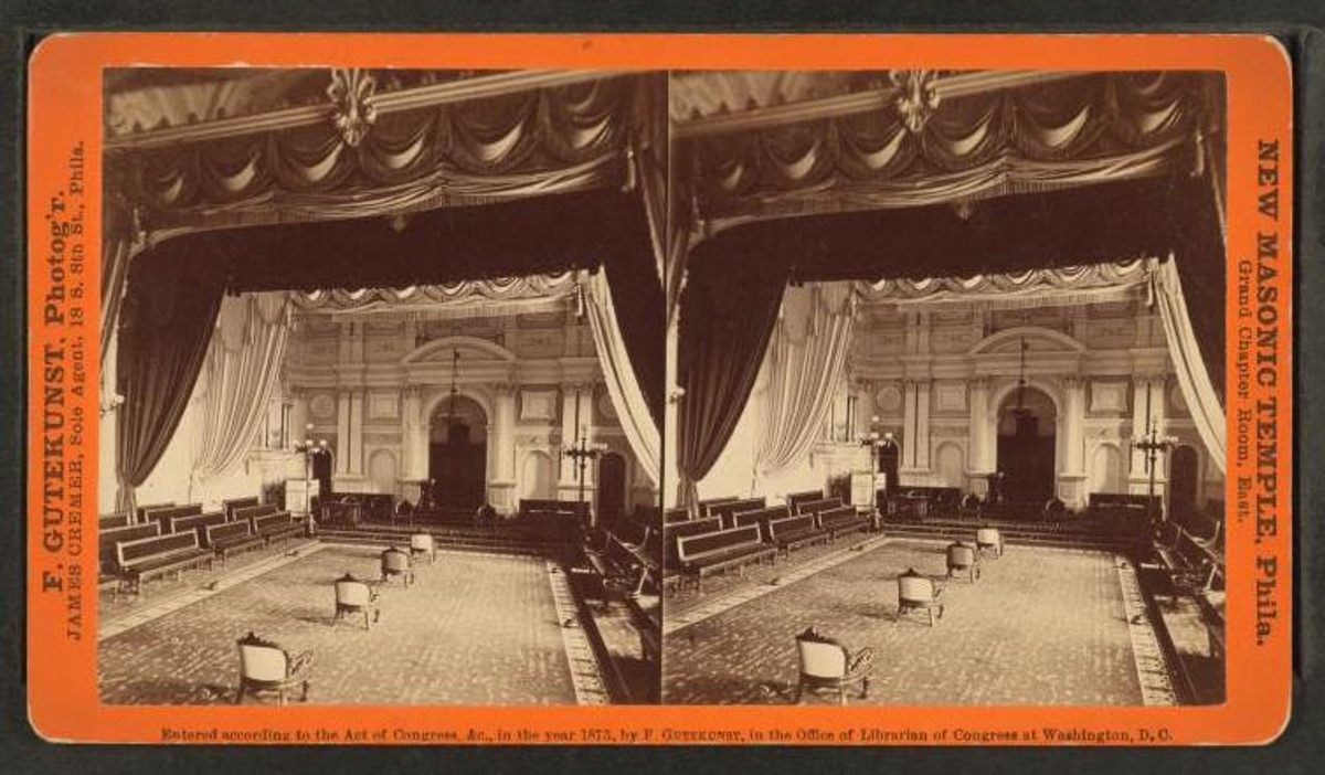 Masonic rooms—such as this one, in Philadelphia—often feature drapery, wood, and upholstered furniture.