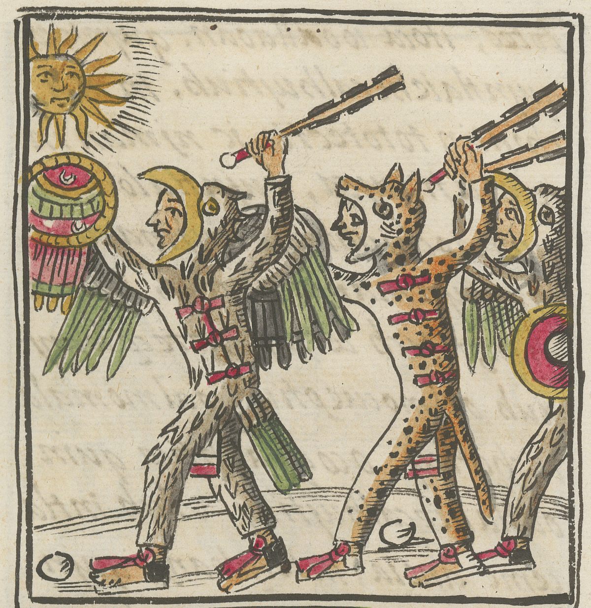The second book of the codex details calendars, festivals, and ceremonies, and includes this depiction of Mexica jaguar and eagle warriors. 