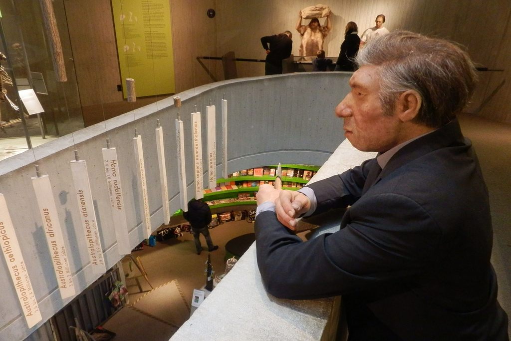 A respectable Neanderthal looks out over the crowd at the Neandertal-Menschen in Germany.