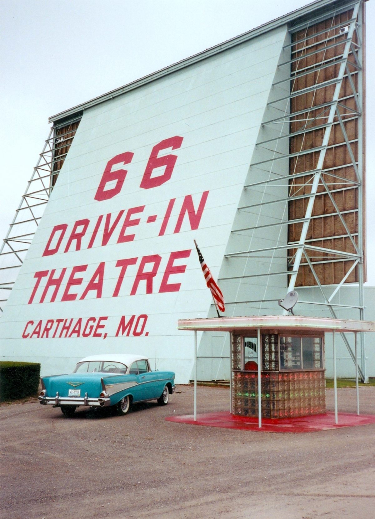 The 66 Drive-in Theatre in Carthage, Missouri. It first opened in 1948, closed in 1985 and was restored and reopened in 1997.