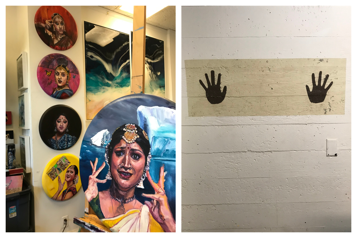 Paintings in Krishnan's studio (left); two painted handprints mark the spot where immigrants were searched (right).