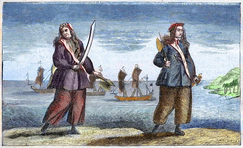 Anne Bonny and Mary Read were both "convicted of piracy at a Court of Vice Admiralty [and] held at St. Jago de la Vega on the Island of Jamaica, 28th November 1720," according to the inscription accompanying this 1724 Benjamin Cole engraving from <em>A General History of the Pyrates</em>, by Daniel Defoe and Charles Johnson.
