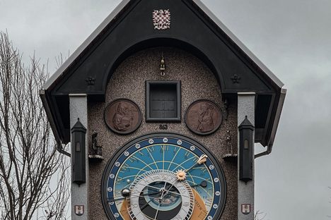 This unusual clock is a copy of one in Prague.
