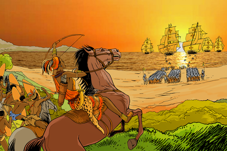 Queen Njinga Mbandi rides into battle against the Portuguese, as illustrated by Pat Masioni for UNESCO's series on women in African history. 