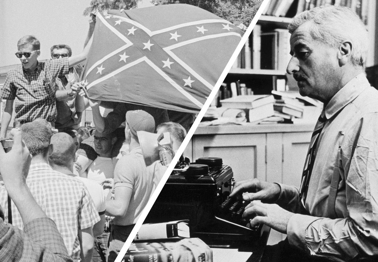 Anti-integration University of Mississippi students hold up a Confederate flag in 1962 (left); William Faulkner working at his typewriter at his home in Oxford (right). 