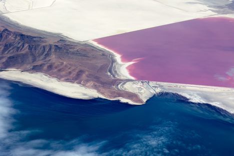 High salinity—and the microorganisms that thrive in it—turn part of Utah's Great Salt Lake pink. 