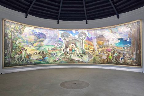 Once placed behind bank tellers at Wilmington Savings Fund Society, ‘Apotheosis of the Family’ is now on display in a climate-controlled barn.